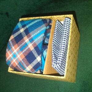 Original Penguin Plaid Tie & Pocket Square on Blue NEW